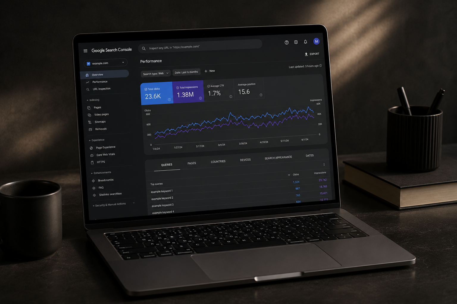 Google Search Console performans raporu — tıklama, gösterim ve sıralama metrikleri